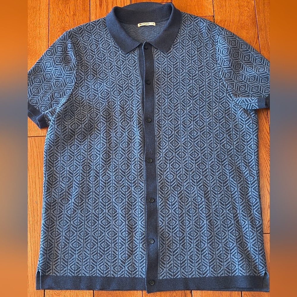 Marine Layer Ethan Sweater Men's XL Blue Geo Jacquard Shirt Sleeve Button Front